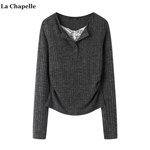拉夏贝尔/La Chapelle蕾丝拼接假两件针织衫女春秋长袖打底衫上衣