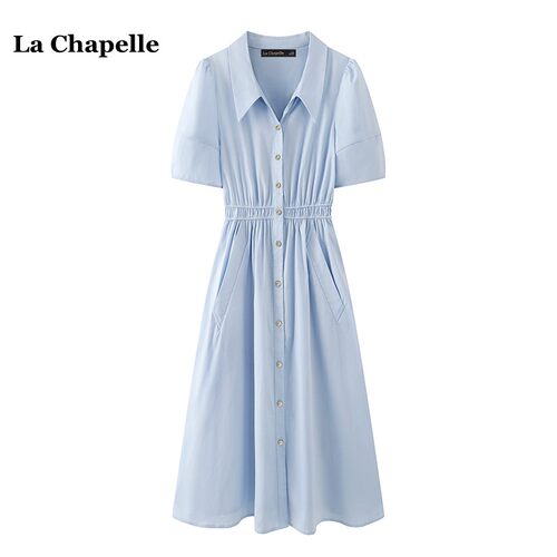 拉夏贝尔/La Chapelle法式气质衬衫裙女夏季高级感收腰短袖连衣裙