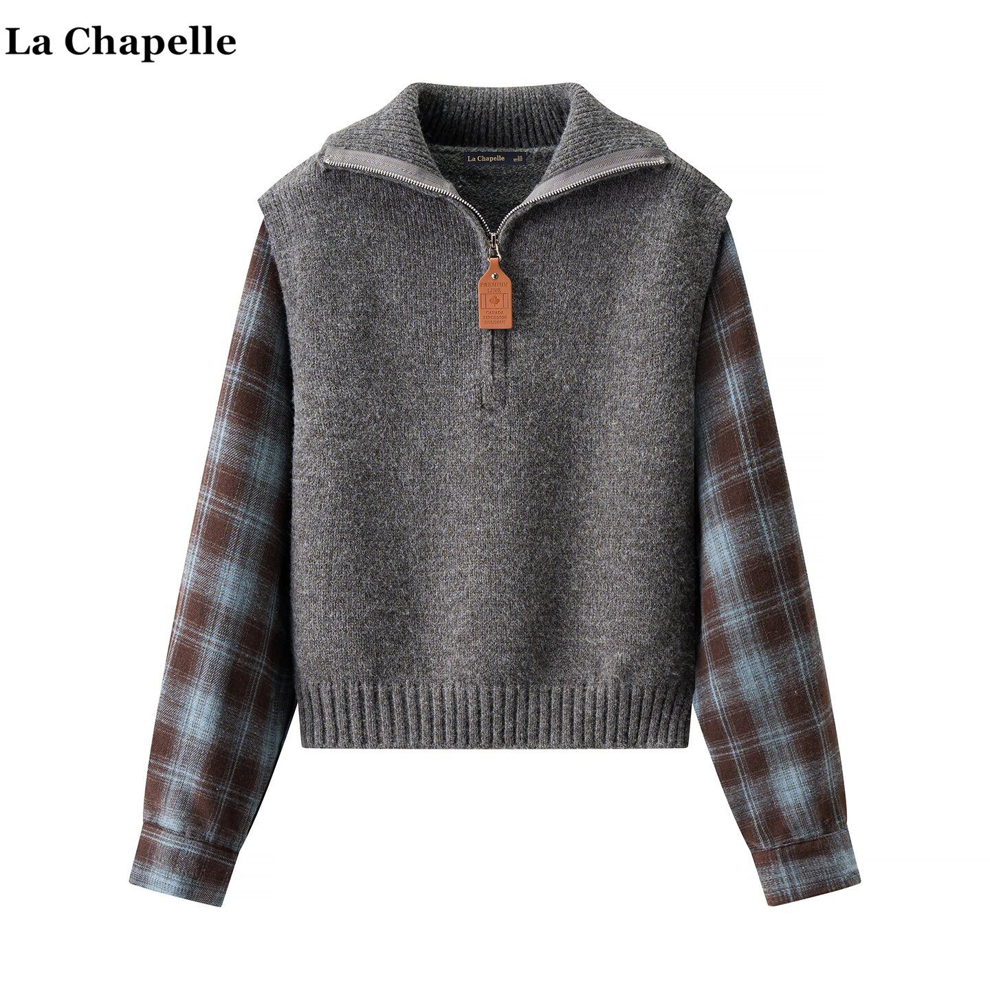 拉夏贝尔/La Chapelle格子拼接假俩件针织衫女秋冬新款半拉链毛衣