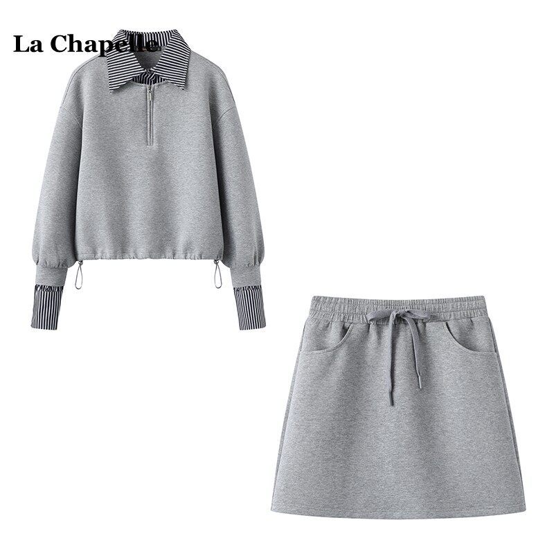 拉夏贝尔/La Chapelle假俩件翻领卫衣女高腰抽绳半身裙休闲俩件套,女装/女士精品,时尚套装,淘宝优惠券,粉丝福利购,淘宝优惠卷