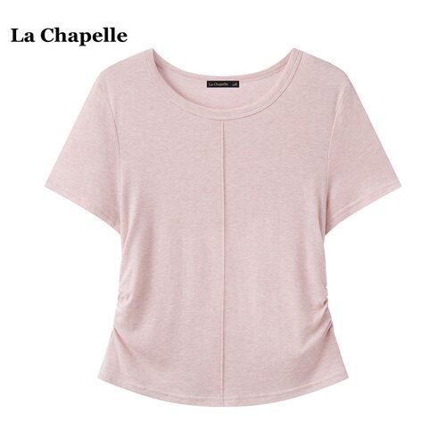 拉夏贝尔/La Chapelle修身显瘦正肩短袖T恤女夏新款收腰圆领上衣