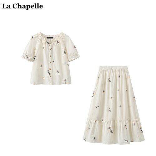 拉夏贝尔/La Chapelle荷叶边短袖衬衫女刺绣半身裙夏季时尚俩件套