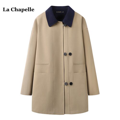 拉夏贝尔/La Chapelle巴恩风撞色翻领外套女春秋小个子中长款风衣