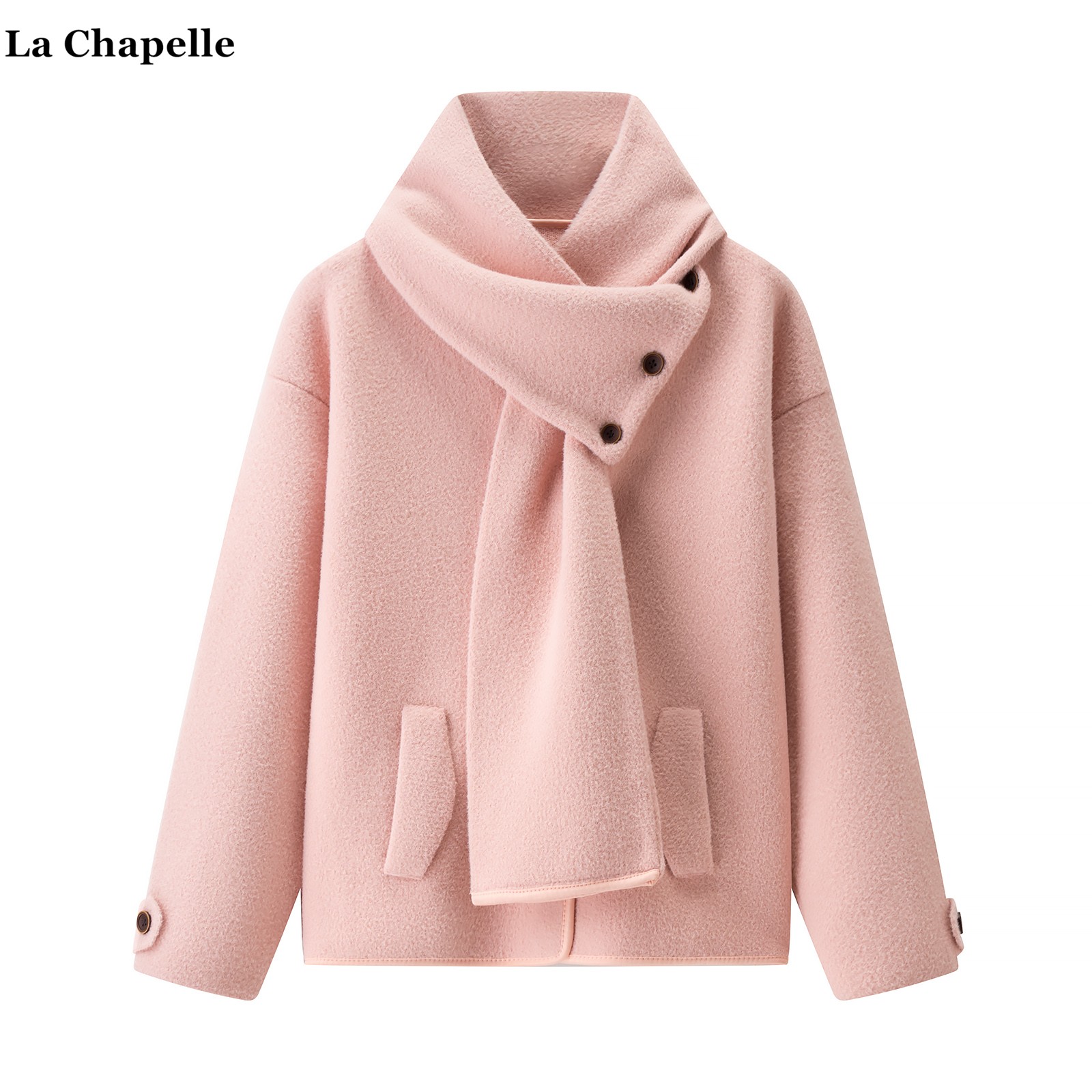 拉夏贝尔/La Chapelle小香风戴围巾针织开衫女秋冬款保暖毛衣外套