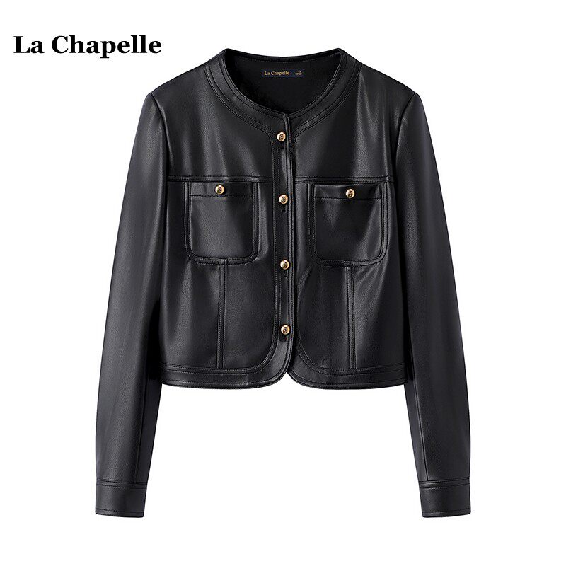 拉夏贝尔/La Chapelle黑色短款圆领pu皮衣女春季小个子外套机车服