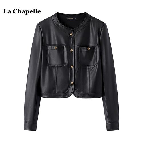拉夏贝尔/La Chapelle黑色短款圆领pu皮衣女春季小个子外套机车服