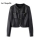 圆领pu皮衣女春季 Chapelle黑色短款 小个子外套机车服 拉夏贝尔