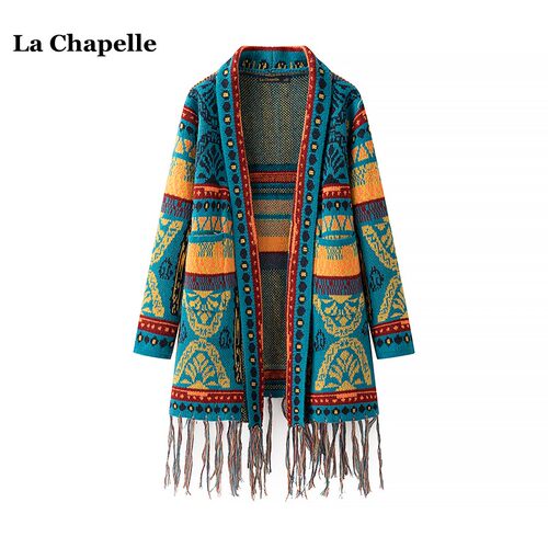 拉夏贝尔/La Chapelle民族风针织毛衣外套女春季新款提花流苏开衫