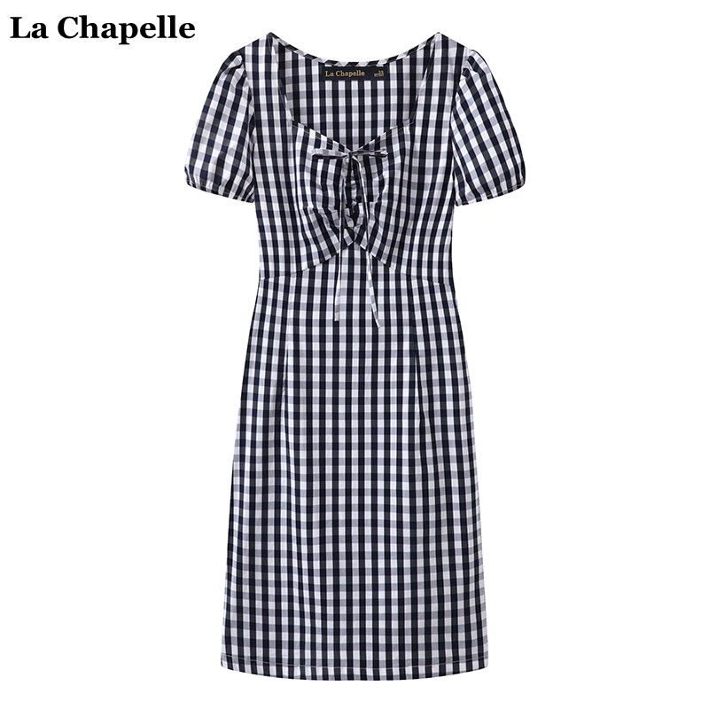 拉夏贝尔/La Chapelle法式高腰格子连衣裙女夏季新款气质系带短裙