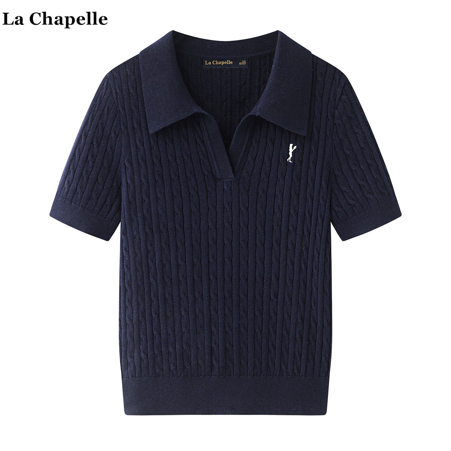 拉夏贝尔/La Chapelle翻领绞花短袖针织衫女春夏新款修身麻花上衣