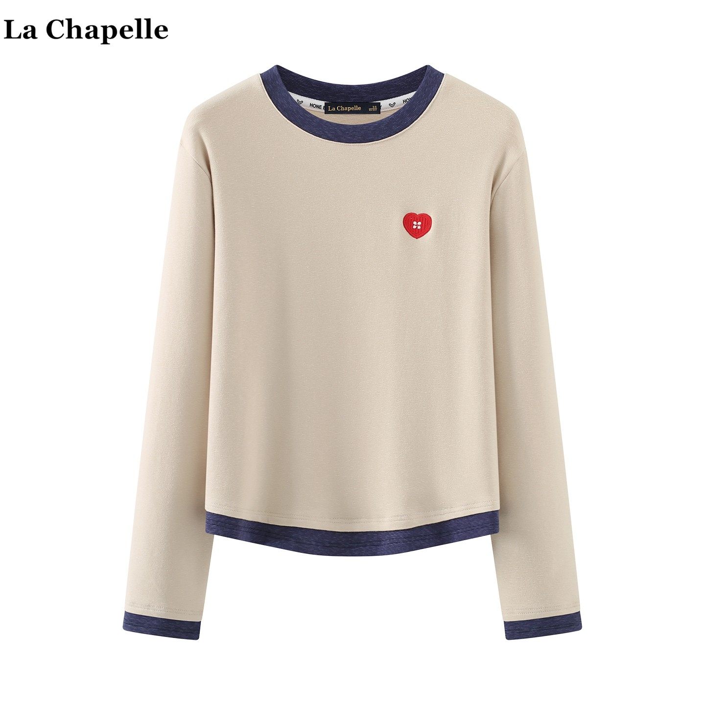 拉夏贝尔/La Chapelle爱心刺绣长袖T恤女春季新款撞色圆领打底衫,女装/女士精品,毛针织衫,淘宝优惠券,粉丝福利购,淘宝优惠卷