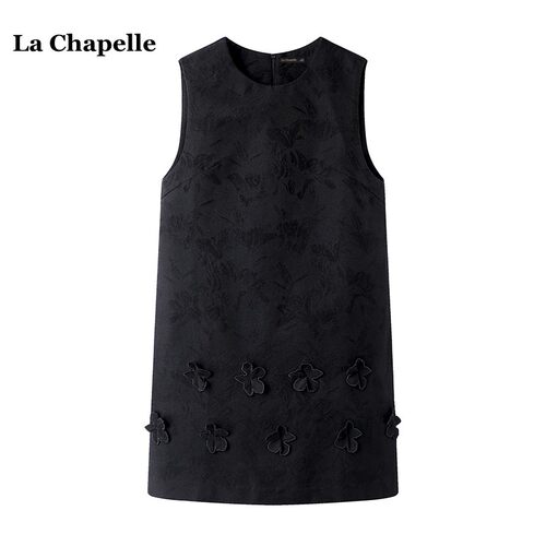 拉夏贝尔/La Chapelle提花小黑裙无袖背心裙冬季新款立体花朵短裙