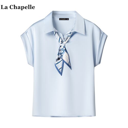 拉夏贝尔/La Chapelle丝巾polo领短袖T恤女夏季新款气质优雅衬衫