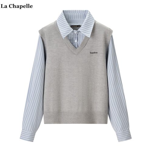 拉夏贝尔/La Chapelle假俩件拼接马甲针织衫女春季学院风长袖衬衫