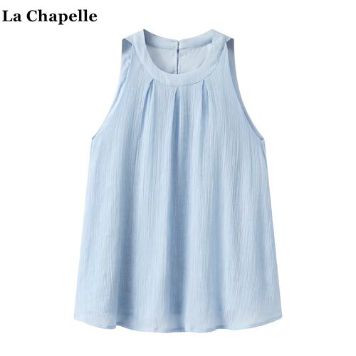 拉夏贝尔/La Chapelle纯色挂脖吊带背心女夏季设计感褶皱无袖衬衫