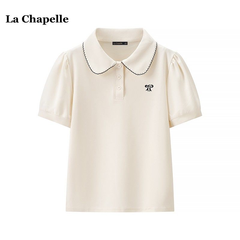 拉夏贝尔/La Chapelle蝴蝶结短袖T恤女夏季新款甜美气质翻领上衣
