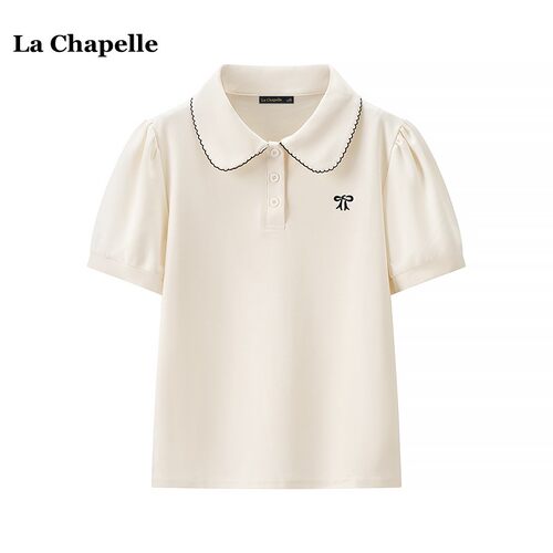 拉夏贝尔/La Chapelle蝴蝶结短袖T恤女夏季新款甜美气质翻领上衣