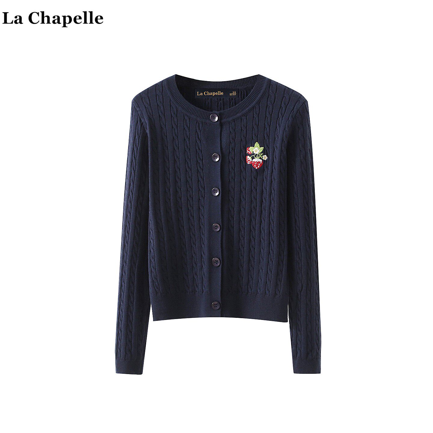 拉夏贝尔/La Chapelle韩系草莓刺绣针织开衫女秋冬款麻花毛衣外套