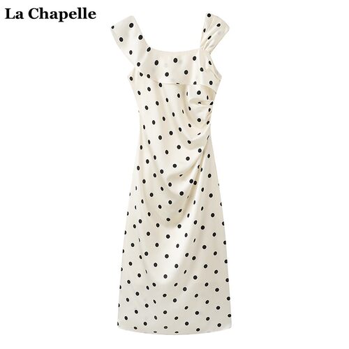 拉夏贝尔/La Chapelle法式波点连衣裙女夏季新款收腰显瘦褶皱长裙