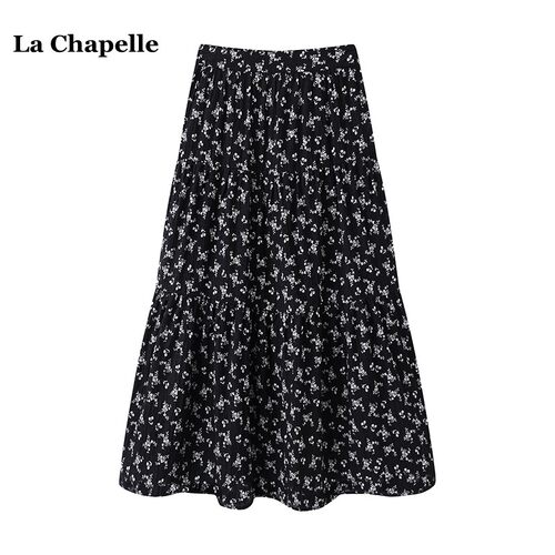 拉夏贝尔/La Chapelle黑色碎花雪纺半身裙女春季新款高腰a字长裙