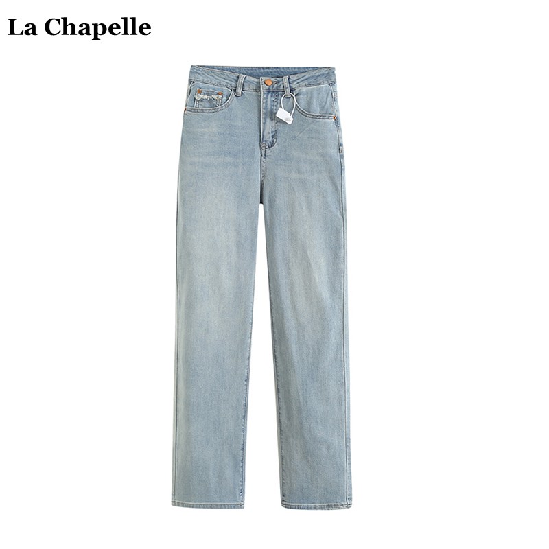 拉夏贝尔/La Chapelle秋季新款复古做旧感直筒牛仔裤女浅色烟管裤