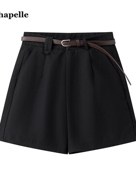 拉夏贝尔/La Chapelle黑色短款五分裤女夏季小个子高腰阔腿西装裤
