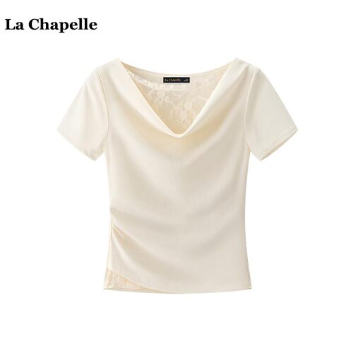 拉夏贝尔/La Chapelle蕾丝花边拼接短袖T恤女夏季设计感露肩上衣