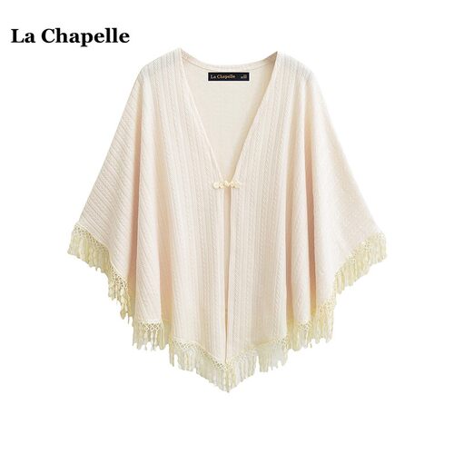 拉夏贝尔/La Chapelle纯色蕾丝流苏盘扣披肩外搭旗袍新中式上衣女