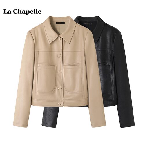 拉夏贝尔/La Chapelle复古高级感短款pu皮外套秋季翻领休闲皮衣女
