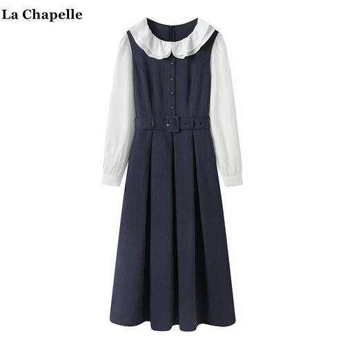 拉夏贝尔/La Chapelle娃娃领收腰连衣裙女春秋新款气质假俩件长裙