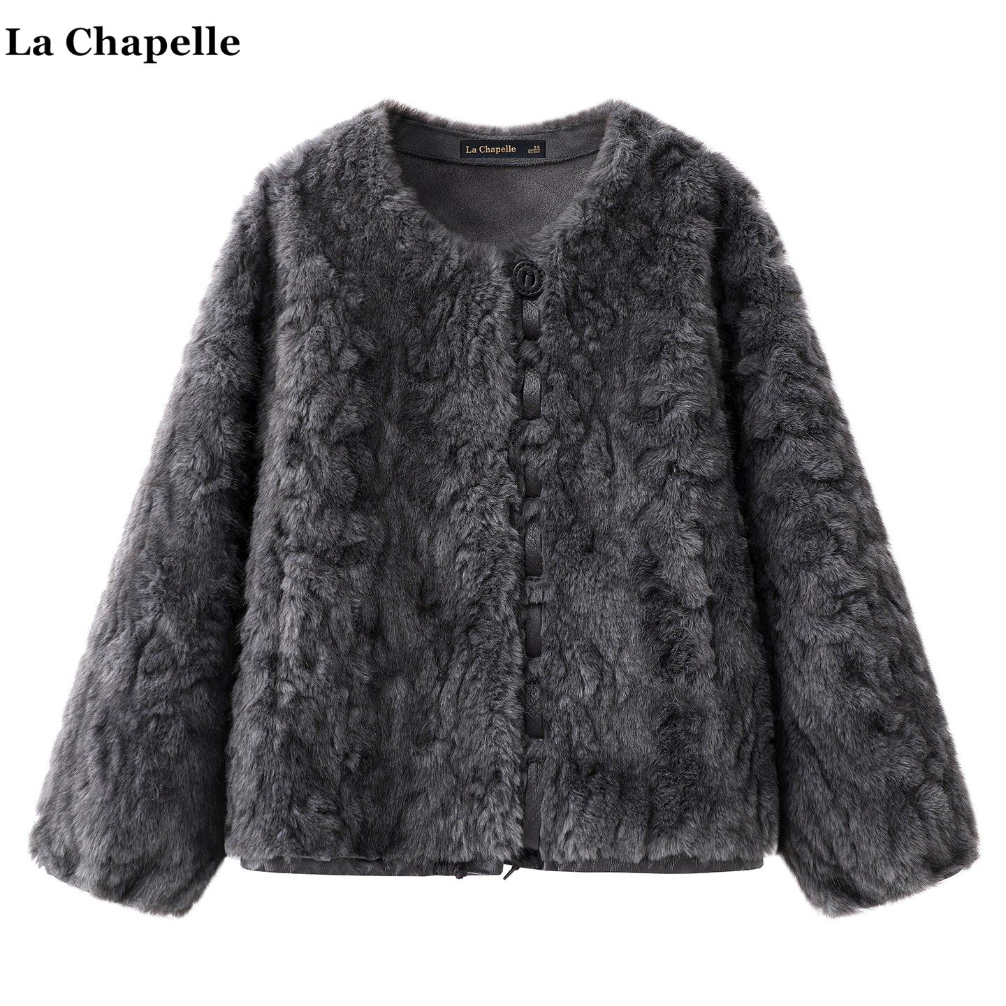 拉夏贝尔/La Chapelle轻奢风气质灰色毛毛外套女冬季皮毛一体上衣