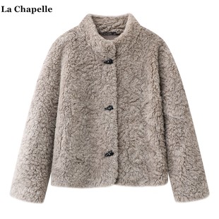 拉夏贝尔/La Chapelle牛角扣皮毛一体外套女冬夏季新款羊羔毛上衣
