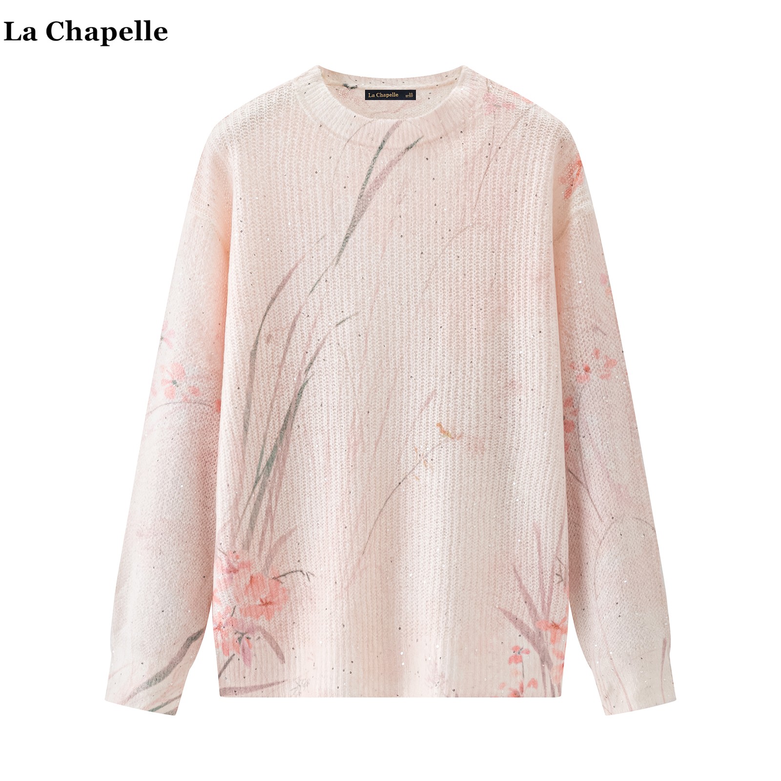 拉夏贝尔/La Chapelle水墨印花亮片针织衫女秋冬新款国风套头毛衣