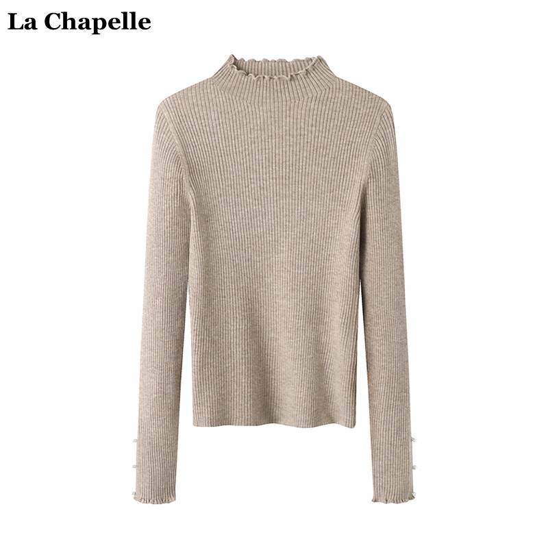 拉夏贝尔/La Chapelle秋冬新款木耳边立领针织衫女长袖打底衫毛衣