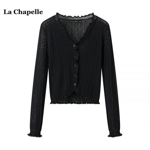 拉夏贝尔/La Chapelle夏季木耳边设计感V领长袖防晒衫女外搭披肩