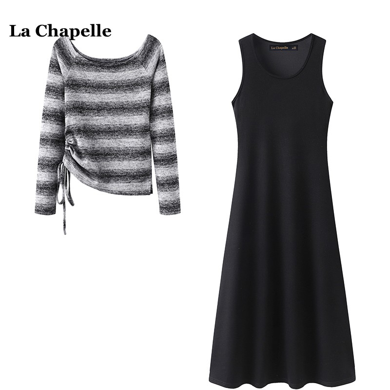 拉夏贝尔/La Chapelle春季新款黑色显瘦背心裙条纹针织衫俩件套女