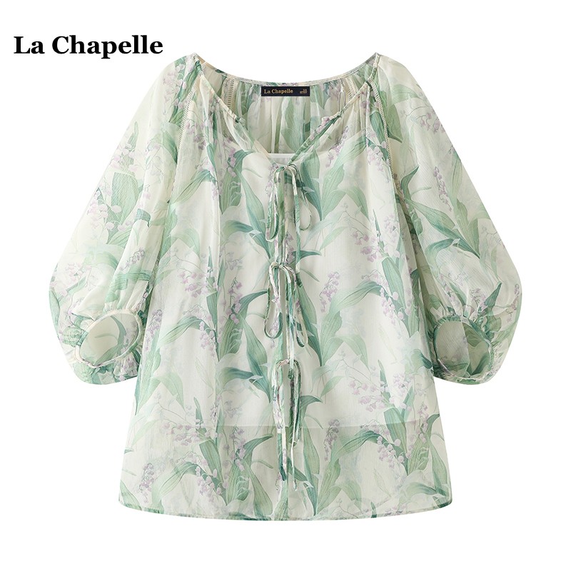 拉夏贝尔/La Chapelle碎花V领雪纺衫女夏季宽松系带长袖衬衫上衣