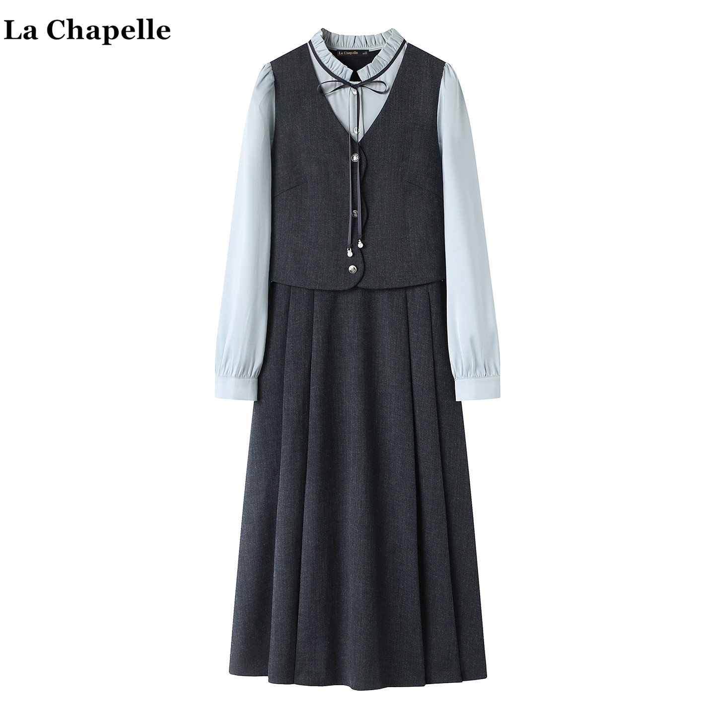 拉夏贝尔/La Chapelle木耳边假俩件收腰连衣裙女小香风中长款裙子