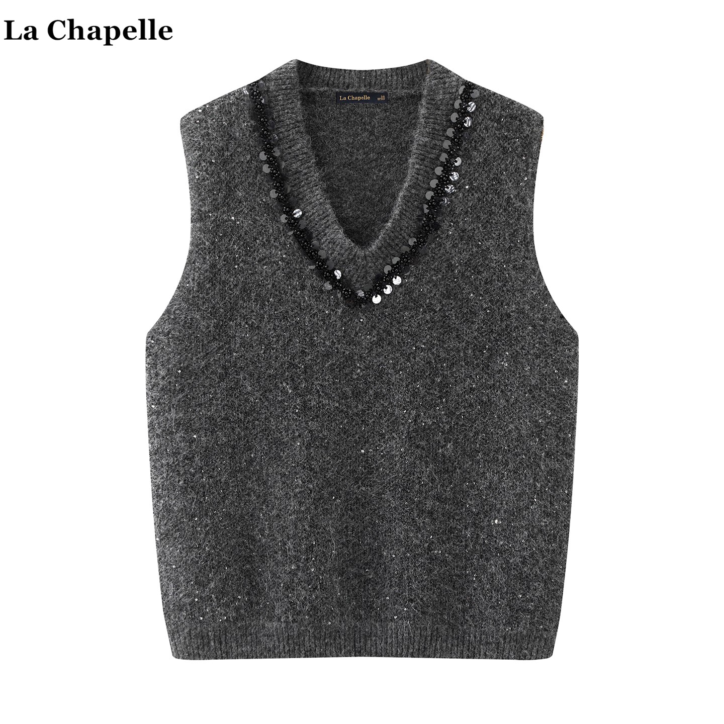 拉夏贝尔/La Chapelle韩系v领亮片针织背心马甲女秋冬款叠穿坎肩