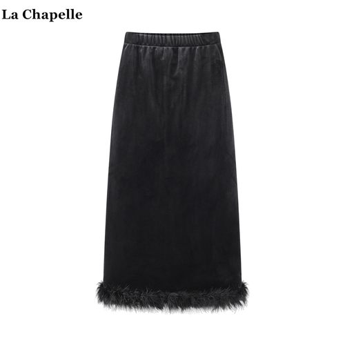 拉夏贝尔/La Chapelle羽毛拼接丝绒半身裙女冬季中长款加绒a字裙