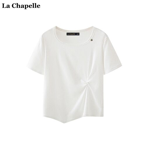 拉夏贝尔/La Chapelle不规则纽结正肩短袖T恤女夏季修身百搭上衣
