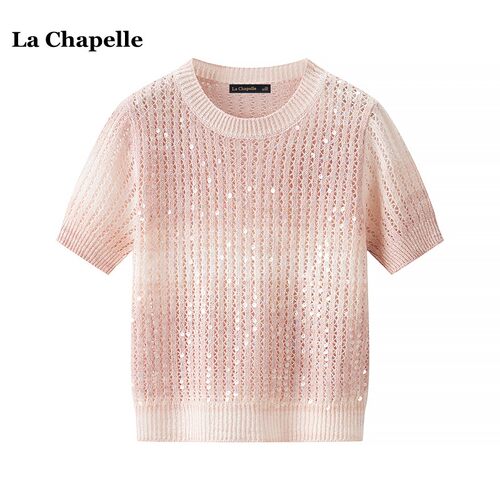 拉夏贝尔/La Chapelle镂空亮片短袖针织衫女夏季渐变色甜美风上衣