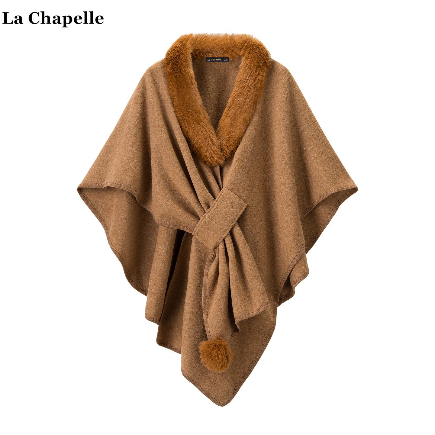 拉夏贝尔/La Chapelle高级感气质毛领斗篷披肩女纯色外搭保暖披风