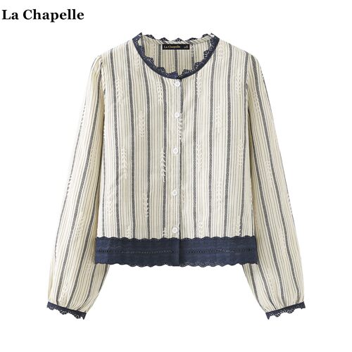 拉夏贝尔/La Chapelle法式气质蕾丝花边长袖衬衫女秋新款条纹衬衣
