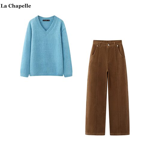 拉夏贝尔/La Chapelle蓝色v领针织衫灯芯绒阔腿裤秋季时尚套装女