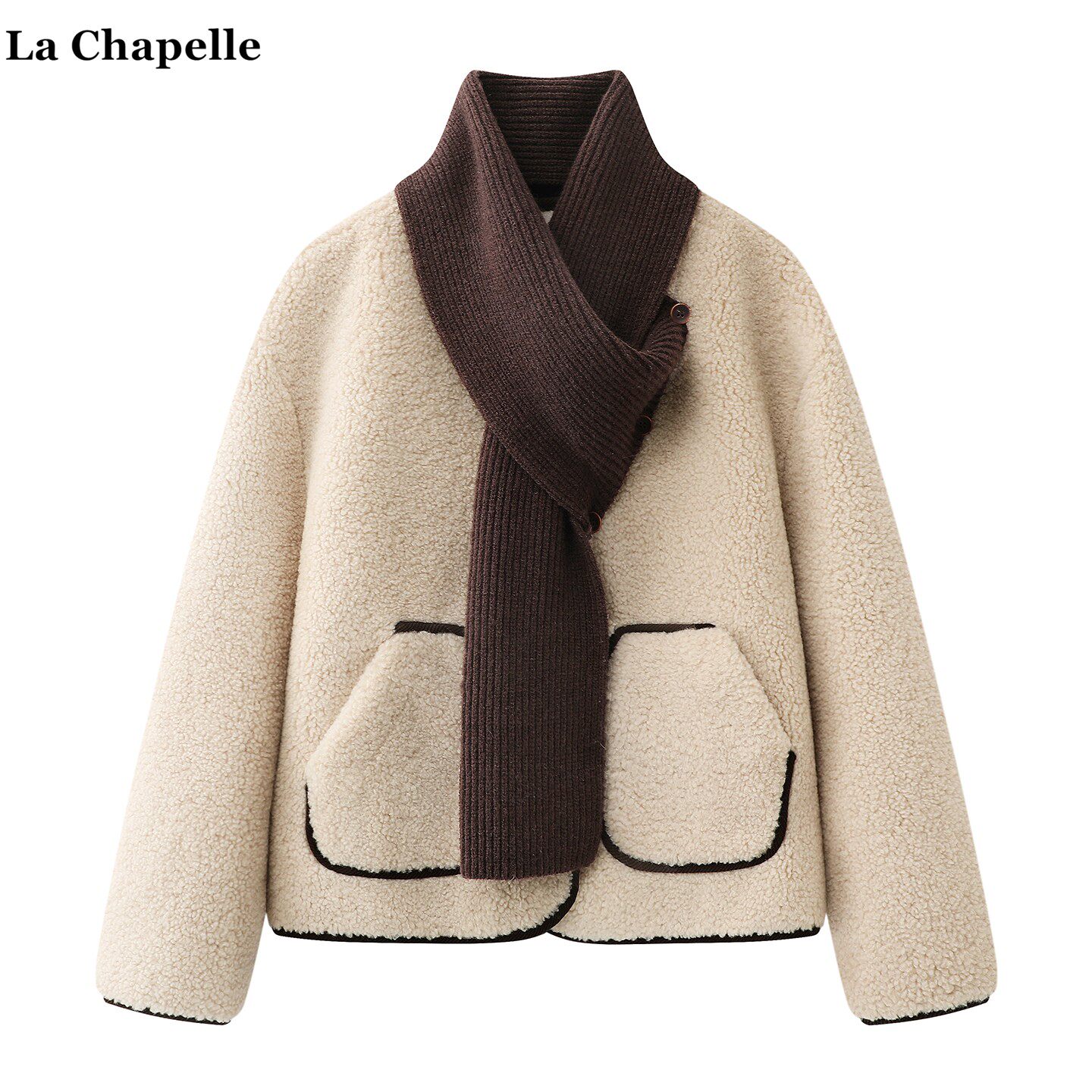 拉夏贝尔/La Chapelle仿羊羔毛皮毛一体外套女冬季新款带围巾上衣