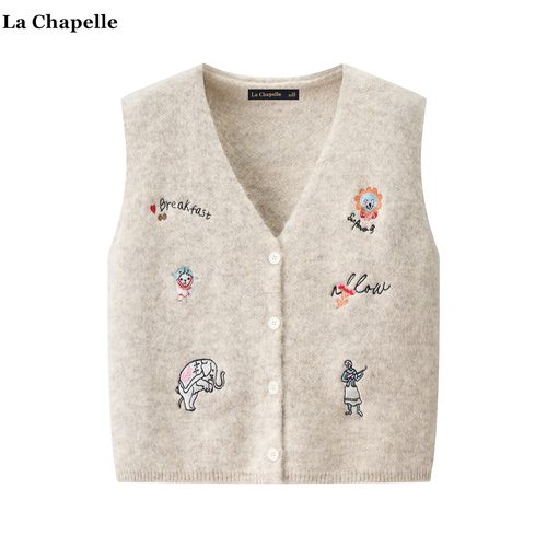拉夏贝尔/La Chapelle小香风V领刺绣针织马甲开衫女秋冬外搭背心