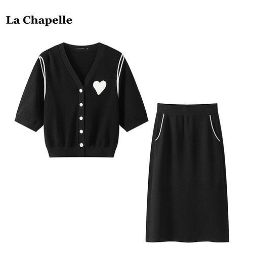 拉夏贝尔/La Chapelle夏季新款露肩针织衫高腰半身裙针织两件套女