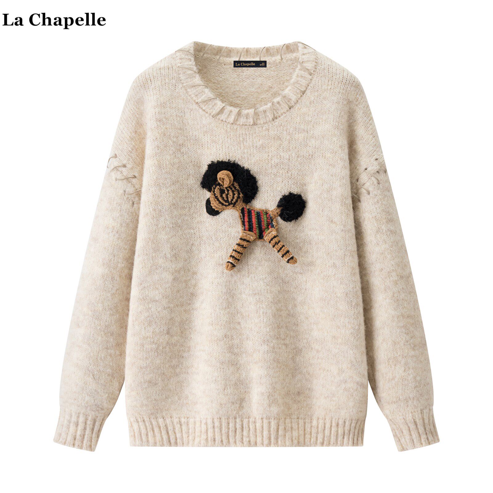 拉夏贝尔/La Chapelle重工玩偶圆领毛衣女秋冬新款复古慵懒针织衫