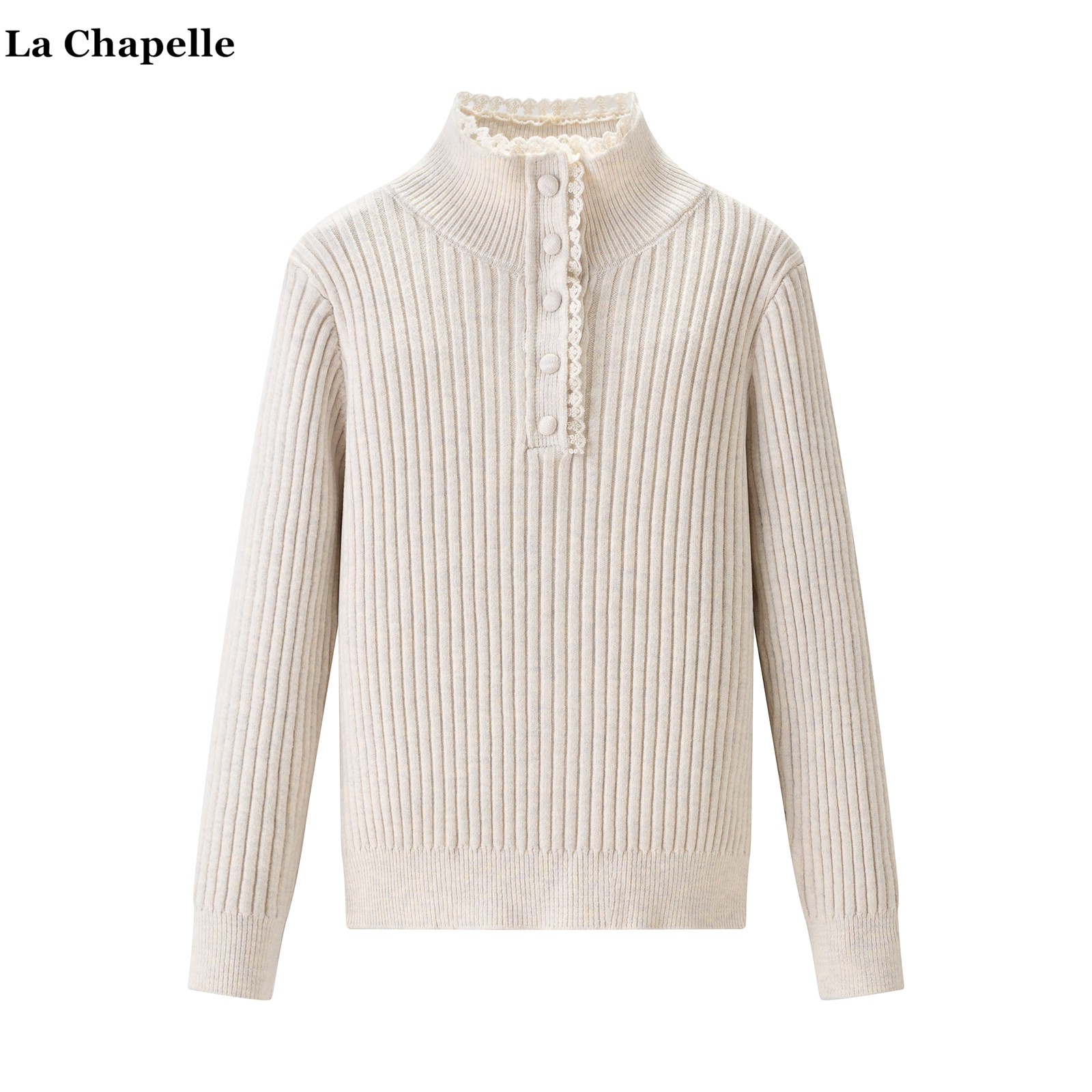 拉夏贝尔/La Chapelle半开领蕾丝套头针织衫女秋冬内搭打底衫毛衣